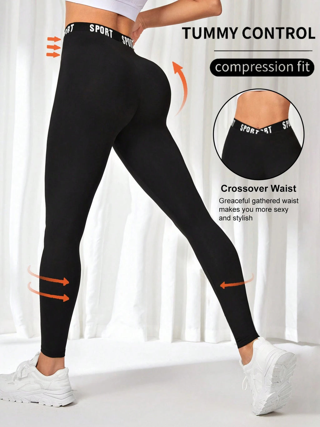 Easithlete Black Letter Tape Waist Sport Leggings Yoga Women Pants