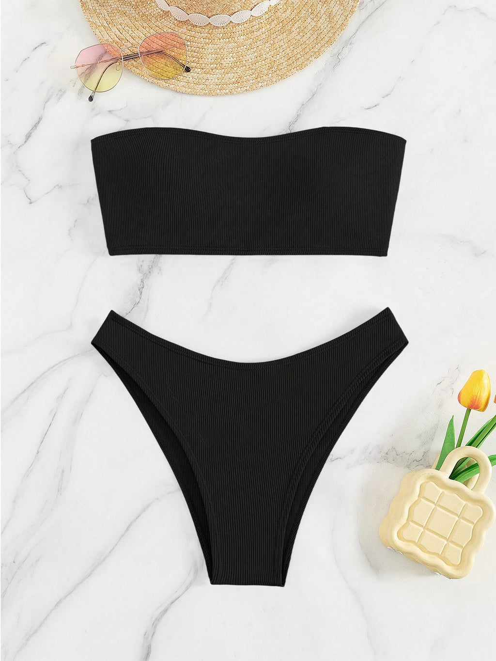 Swim Basics 2Pcs Solid Color Bandeau Bikini Top and Bottoms Swimsuit Set