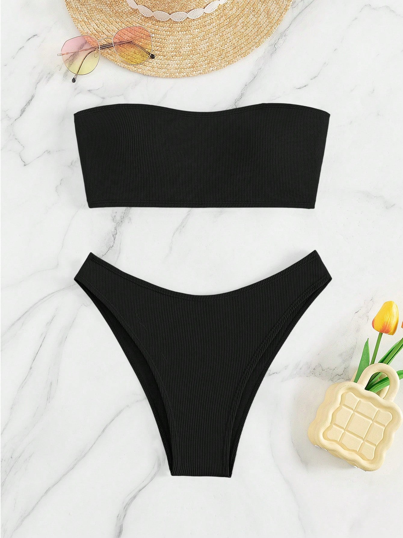 Swim Basics 2Pcs Solid Color Bandeau Bikini Top and Bottoms Swimsuit Set