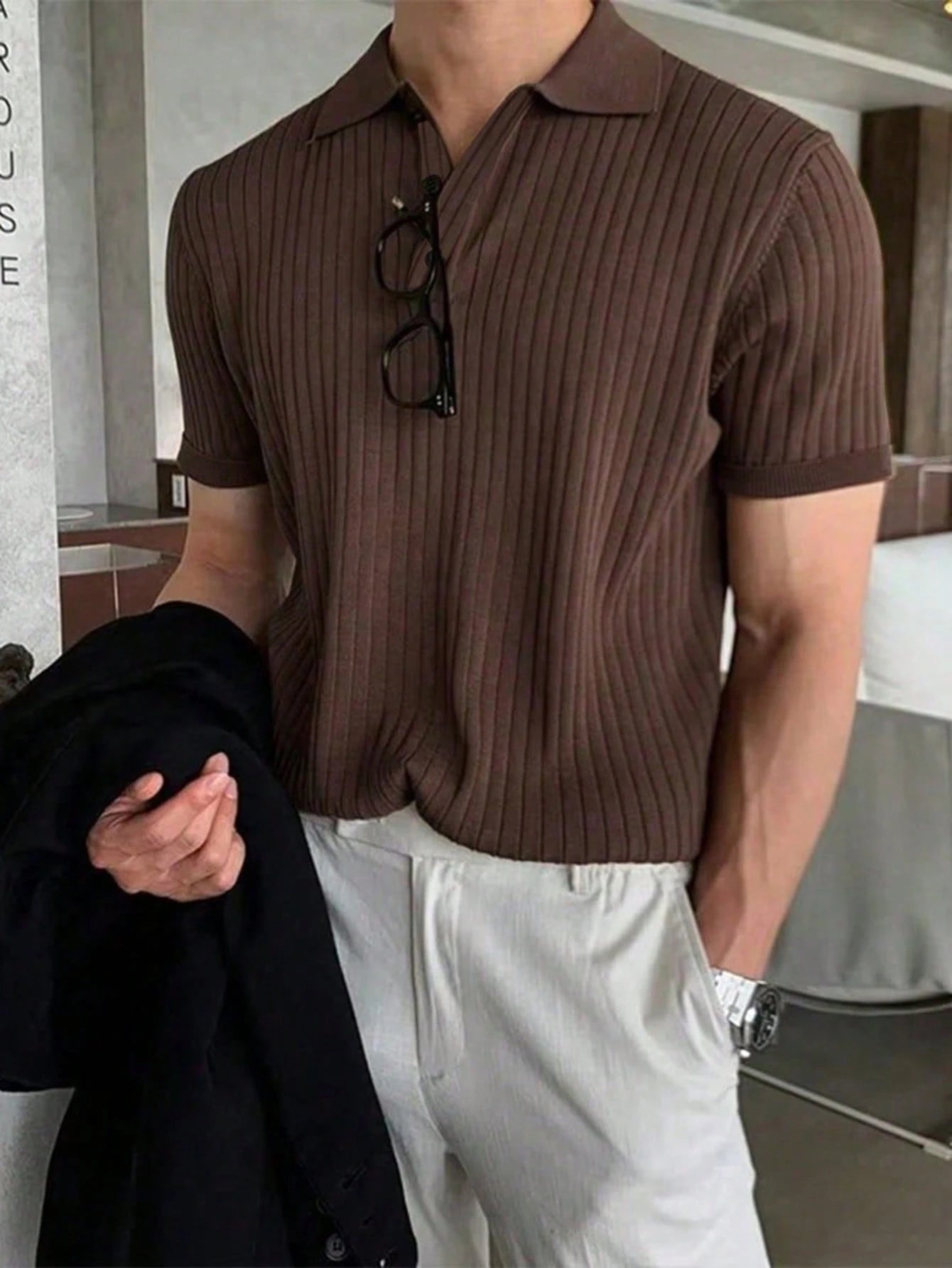 Claim Dot Men'S Solid Color Rib-Knit Polo Shirt, Old Money Style