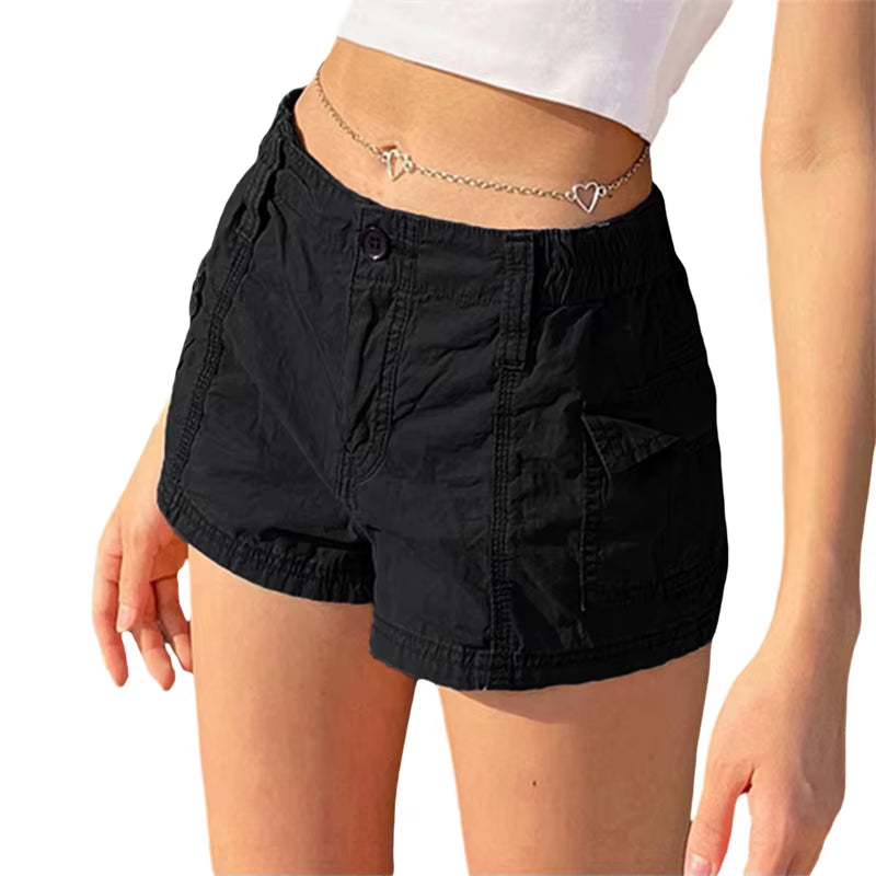Y2K Cargo Shorts Women Summer Solid Color Elastic Low Waist Hot Pants with Pockets 2000S Aesthetic Clothes Streetwear