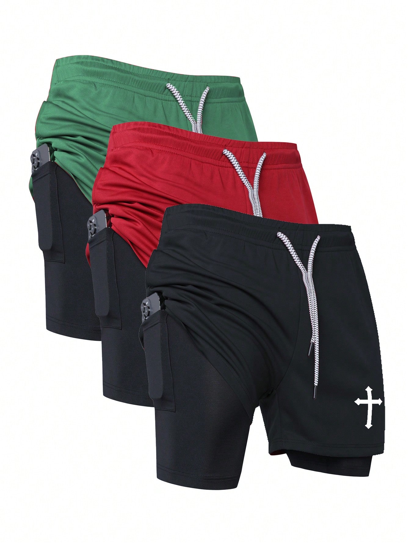 Manfinity Sport Corelite 1Pc Boyfriend Style Men'S Cross Print Drawstring Waist Sports Shorts, Summer Breathable Quick Drying Comfortable Minimalist Design Slim Fit for Gym Long Runs 2 in 1 Performance Shorts