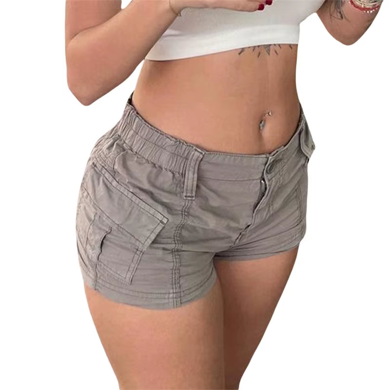 Y2K Cargo Shorts Women Summer Solid Color Elastic Low Waist Hot Pants with Pockets 2000S Aesthetic Clothes Streetwear