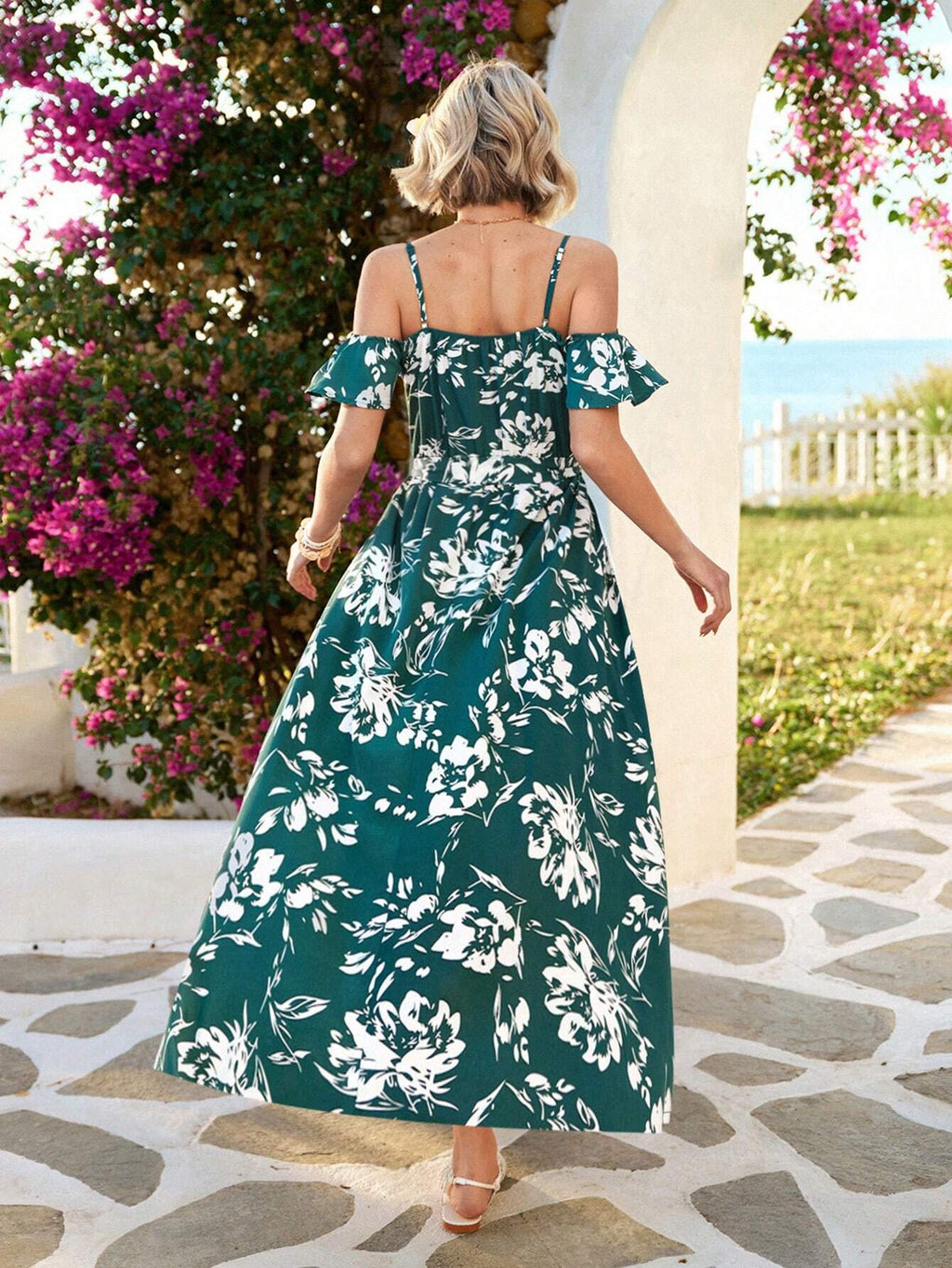 Vivid Eden Summer Woman Floral Print Cold Shoulder Wrap Hem Belted Dress,Vacation Style