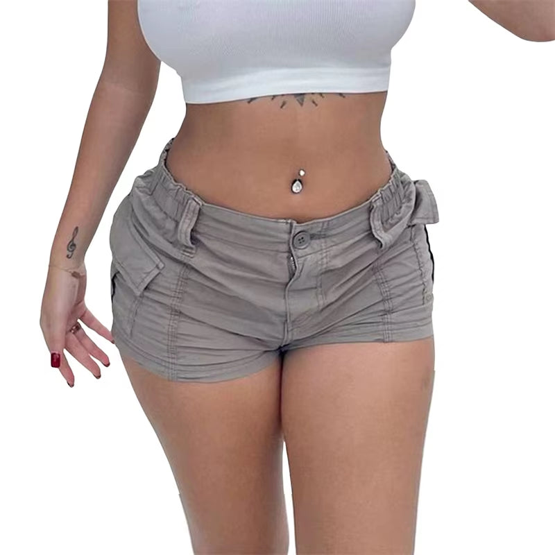 Y2K Cargo Shorts Women Summer Solid Color Elastic Low Waist Hot Pants with Pockets 2000S Aesthetic Clothes Streetwear