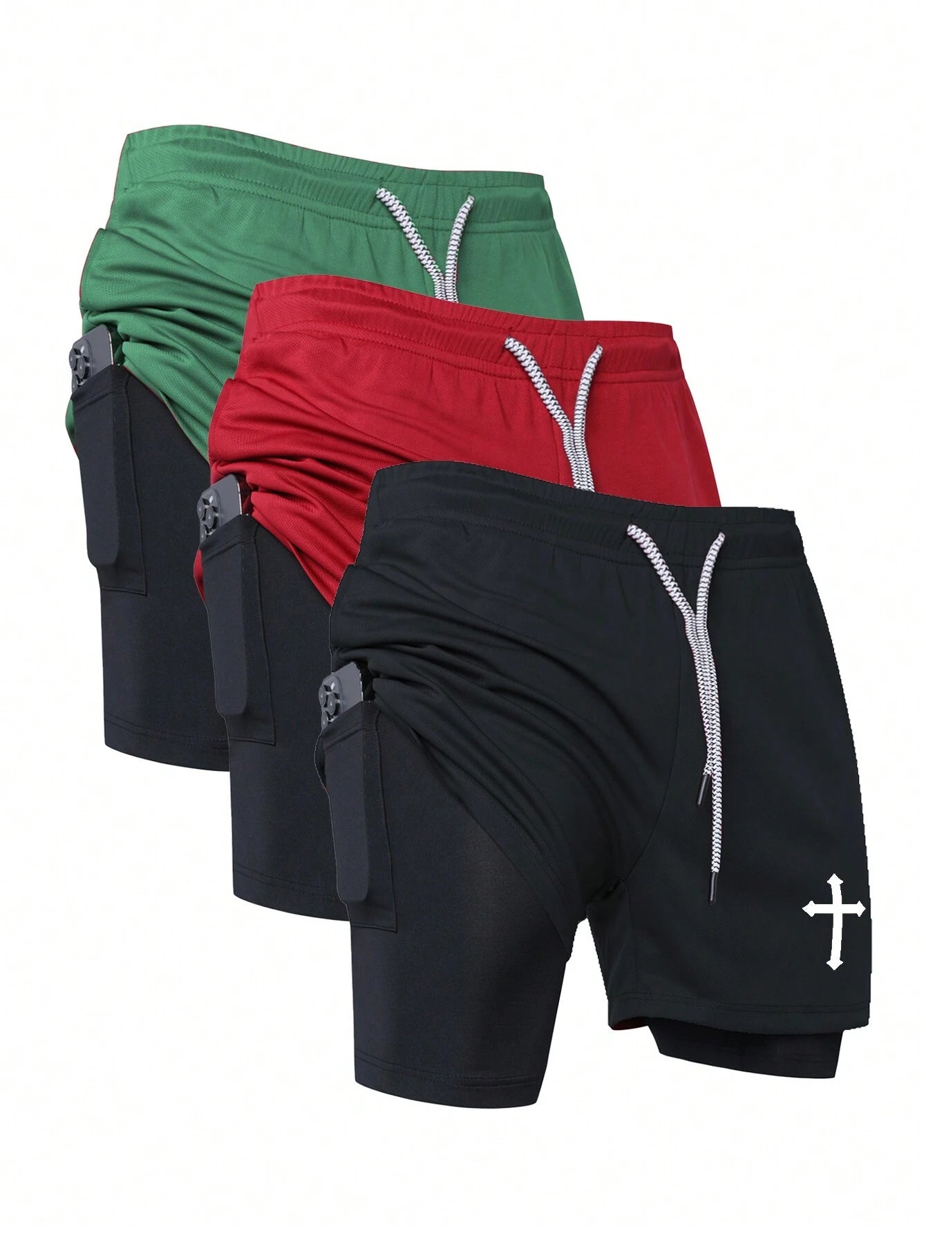 Manfinity Sport Corelite 1Pc Boyfriend Style Men'S Cross Print Drawstring Waist Sports Shorts, Summer Breathable Quick Drying Comfortable Minimalist Design Slim Fit for Gym Long Runs 2 in 1 Performance Shorts