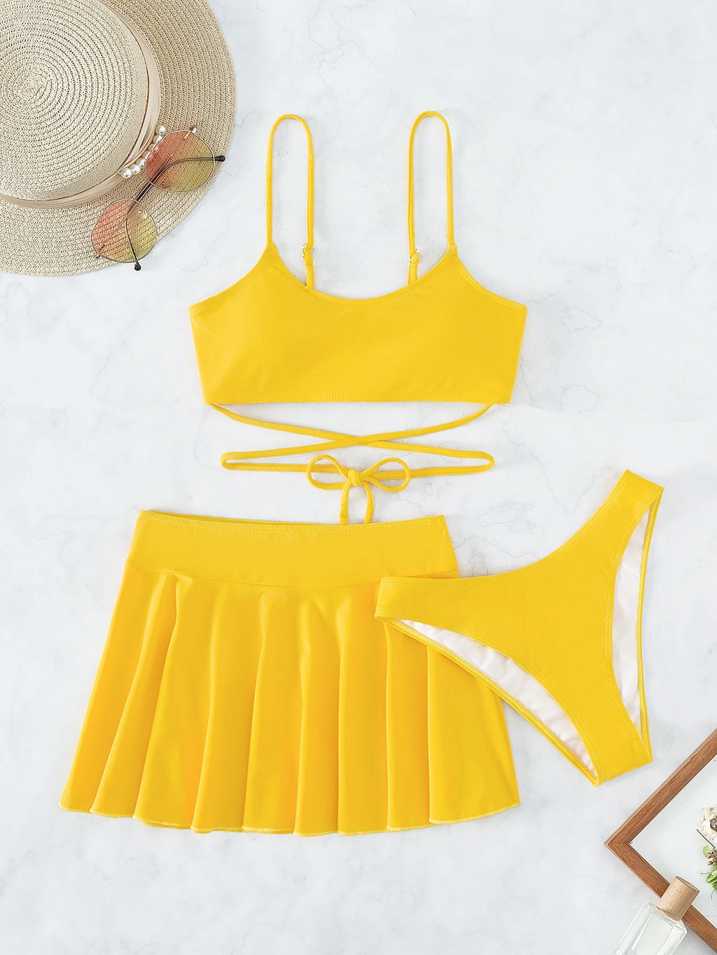 Swim Summer Beach Plain Bikini Set with Beach Skirt