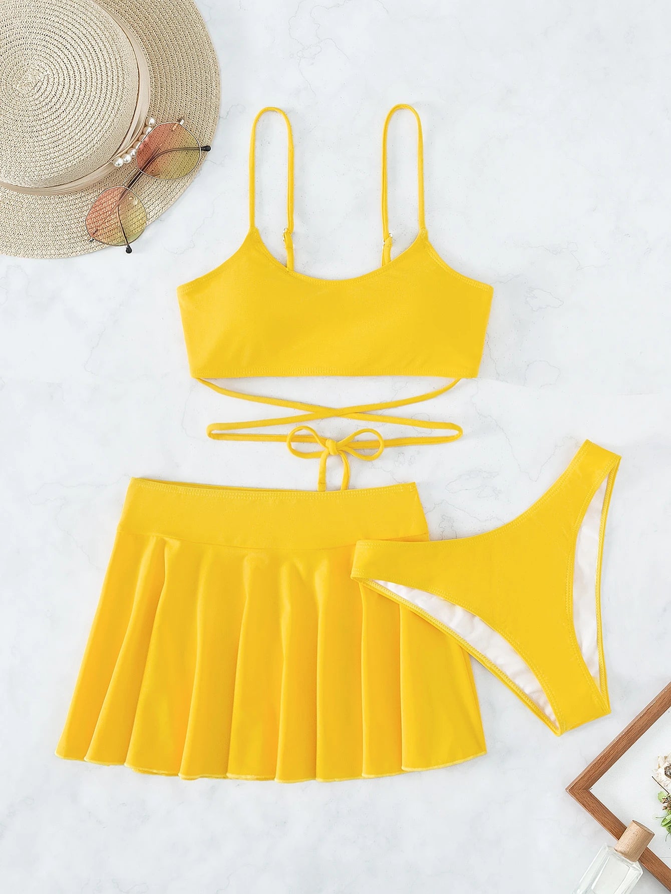 Swim Summer Beach Plain Bikini Set with Beach Skirt