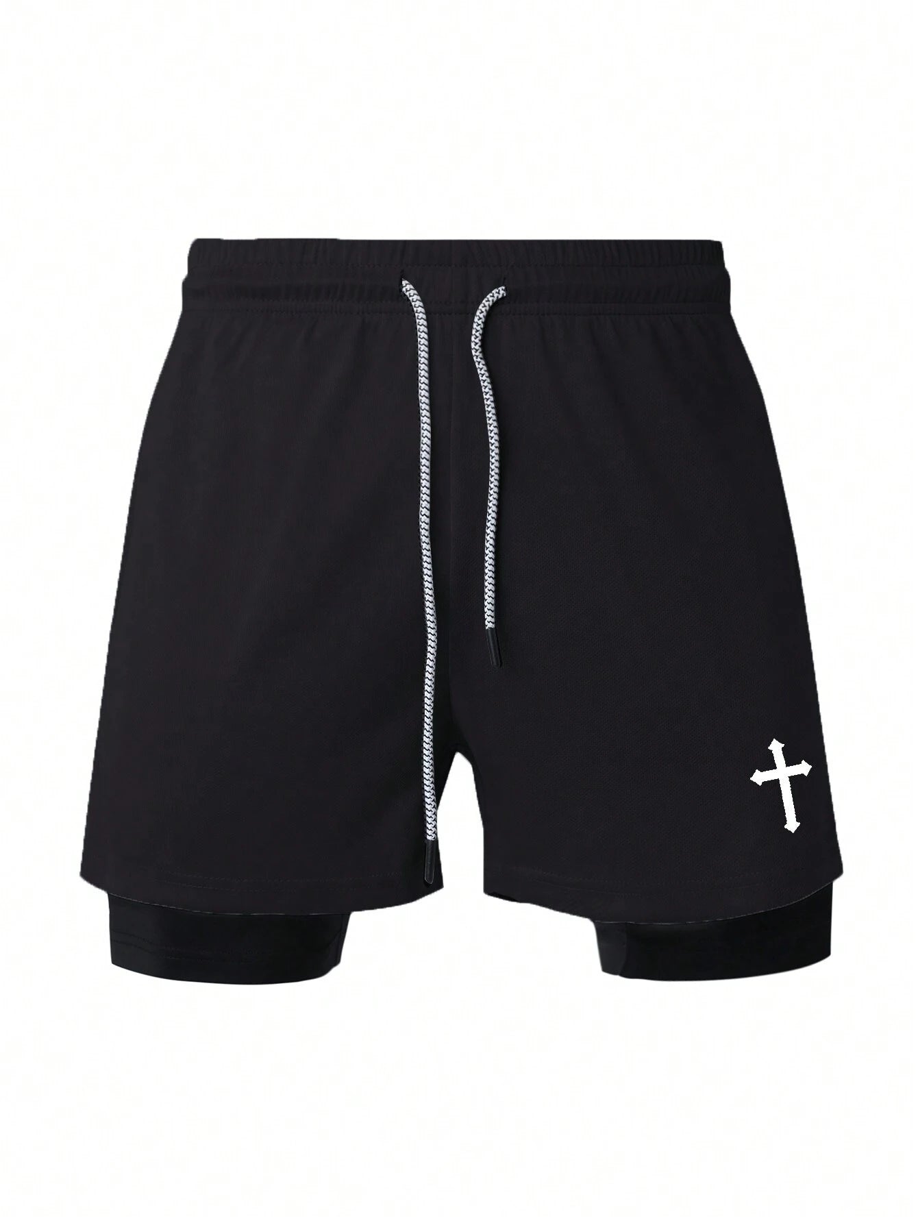 Manfinity Sport Corelite 1Pc Boyfriend Style Men'S Cross Print Drawstring Waist Sports Shorts, Summer Breathable Quick Drying Comfortable Minimalist Design Slim Fit for Gym Long Runs 2 in 1 Performance Shorts