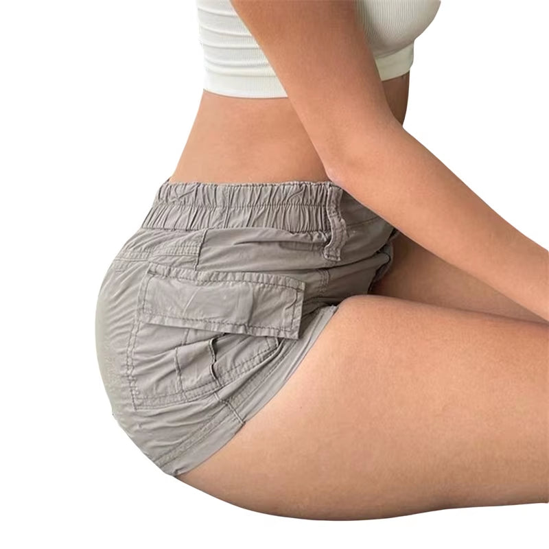 Y2K Cargo Shorts Women Summer Solid Color Elastic Low Waist Hot Pants with Pockets 2000S Aesthetic Clothes Streetwear