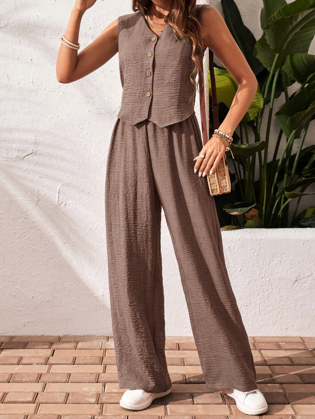 Frenchy 2Pcs/Set Vacation Casual Solid Color Button Front Top and Pants Set Brown Summer